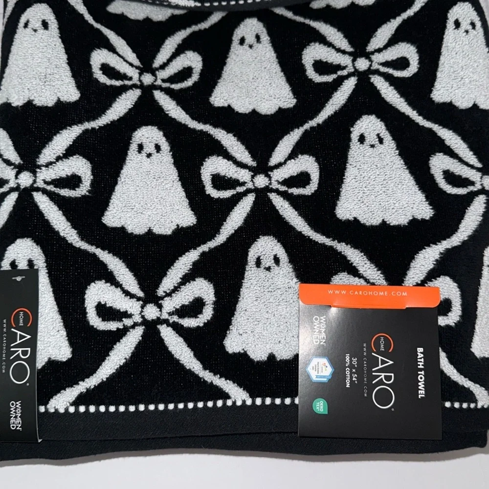 Caro 4 Piece Cotton Bath Towel Set Halloween Black/White Ghosts Bows Ribbons
